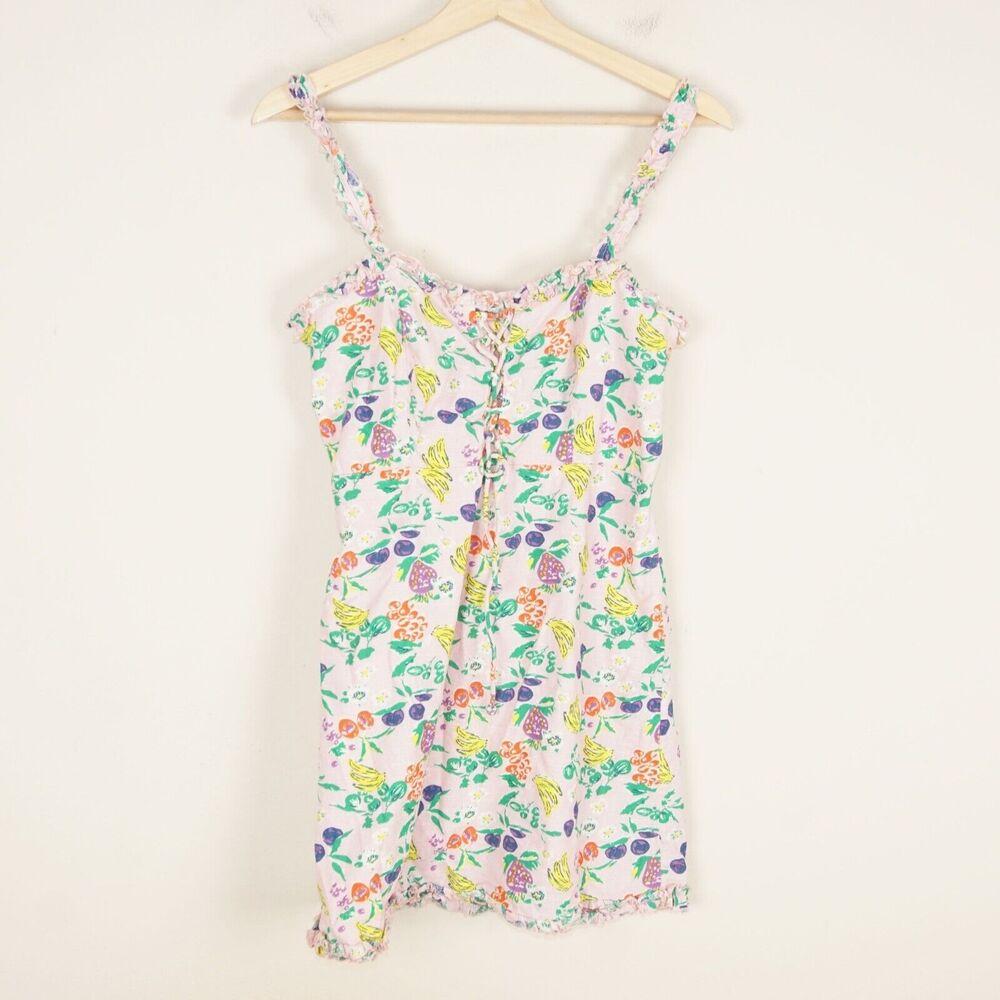 Urban Outfitters Robin Lace Up Pink Fruit Print Mini Dress Womens Sz M